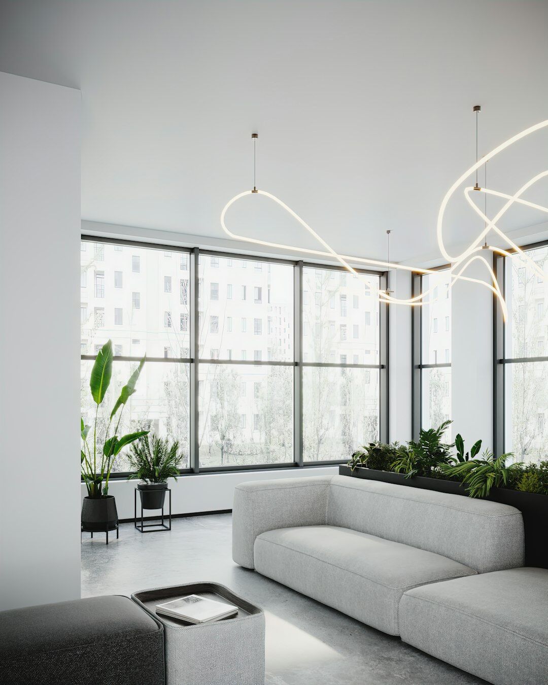 Modern office reception area with plants and seating in Brussels